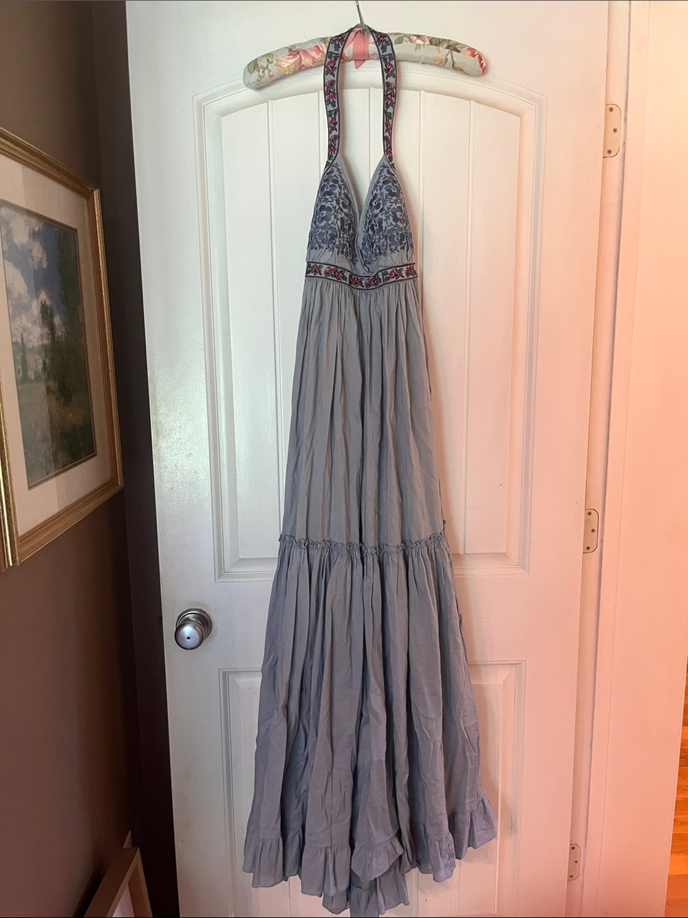 Moda International Blue Halter Maxi Dress with Embroidered Trim